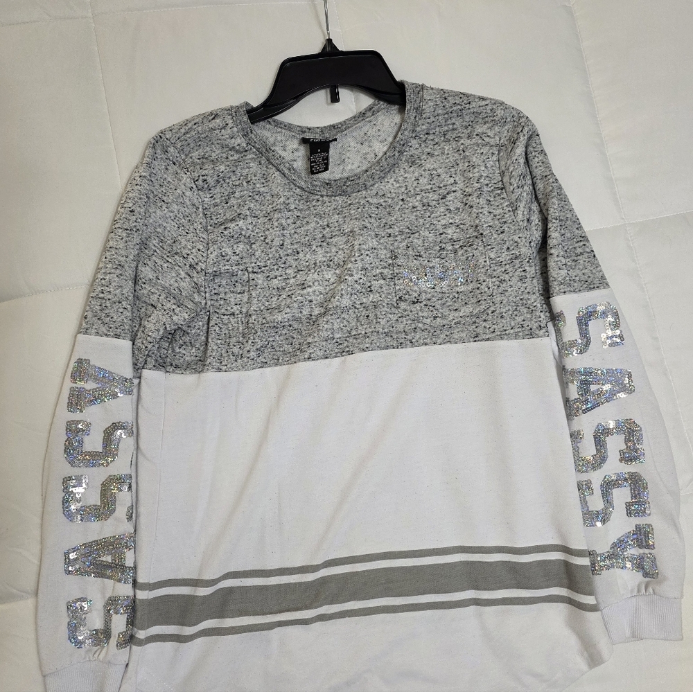 Gray and White Long Sleeve Top with Sassy Sleeves